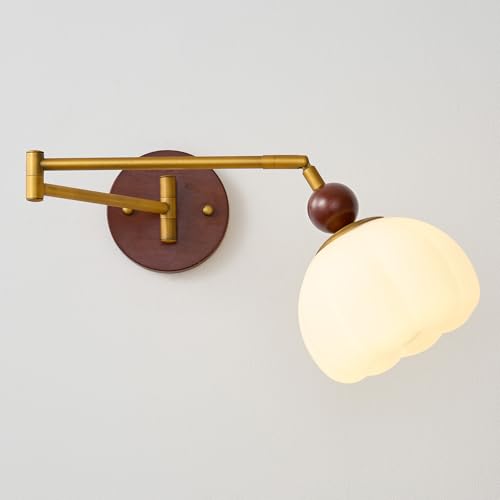 eccuslon Swing Arm Wall Lamp Mid Century Modern Adjustable Wall Sconce with Gold Metal Swing and Cream Dome Shade Retro Farmhouse Wall Mount Light for Bedroom Bedside Reading Living Room Hallway