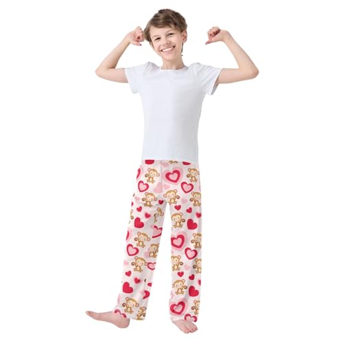 Monkey Red Love Heart Boys Long Pants Soft Trousers Elastic Waist Kids Lounge Bottoms with Pockets S-XL2