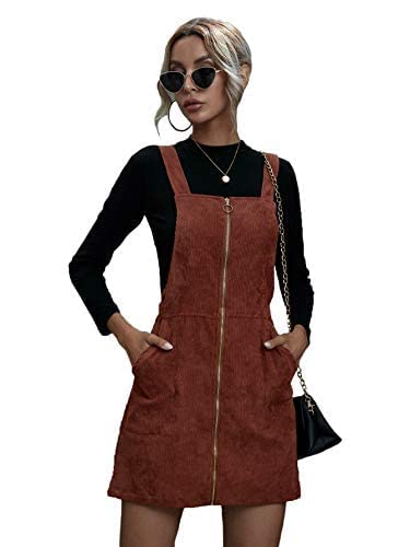 Floerns Women's Button Down Pinafore Corduroy Overall Dress with Pockets Rust Brown S