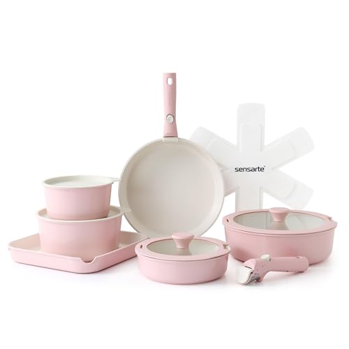 SENSARTE Keramik Topfsets Pfannenset 17 Teiliges, Antihaft Kochgeschirr mit Abnehmbarem Griff, Für alle Herdarten geeignet, Spülmaschinenfest, Ofenfest, PFAS PTFE PFOA PFOS Frei (Rosa)