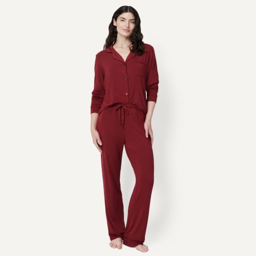 Image of Amazon Essentials x Sofia Grainge Women's Stretch Modal Long-Sleeve Button-Front Top and Full-Length Bottom Pajama Set