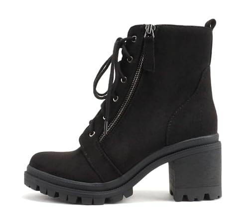 Soda Indiana Women's Faux Leather Lace Up High Chunky Heel Ankle Booties (Black Imit Suede, US Footwear Size System, Adult, Women, Numeric, Medium, 7.5)