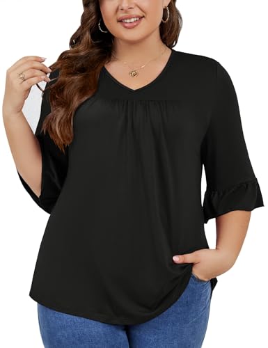 Micoson Womens Plus Size Tops 3/4 Ruffle Sleeve Shirt Casual V Neck Pleated T Shirt Loose Fit Tunic Blouse(1X-5X)2