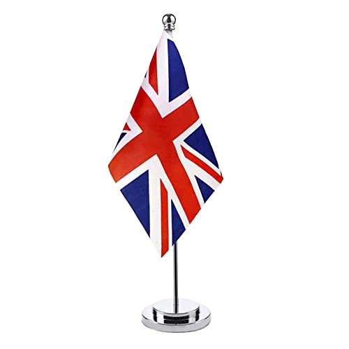 UK Table Desk Flag Stand Pole Kit Bristish Union Jack Flag Holder Base Stainless Steel Flagpole with Base Table Flag Queen's Jubilee Party Decoration for Home Office Bar Churches(UK Kit)