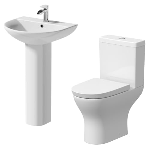 Affine® Arles Cloakroom Bathroom Suite Close Coupled Dual Flush Toilet WC Cistern Basin Full Pedestal Soft CloseFreestanding Modern White Gloss