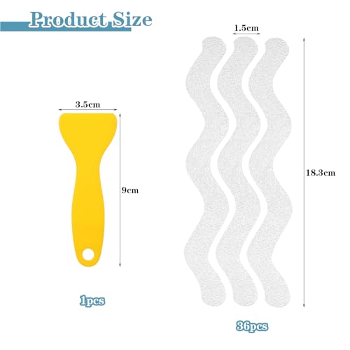 Mynoozi 36PCS Non-Slip Strip Stickers for Bath and Shower, Wave Anti-Slip Strip with Scraper, Non Slip Bathtub Stickers for Stairs, Shower Room, Slippery Surfaces, Sauna, Kitchen-Transparent