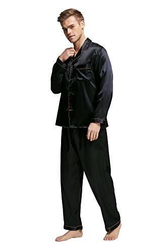 TONY & CANDICE Men's Classic Satin Pajama Set Sleepwear (Large, Black with Golden Piping)