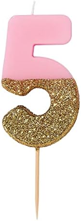 Talking Tables Pink Number 5 Candle with Gold Glitter Premium Quality Cake Topper Decoration For Kids, Adults, 50th Birthday Party, Anniversary, Milestone Age, Height 8cm, 3"