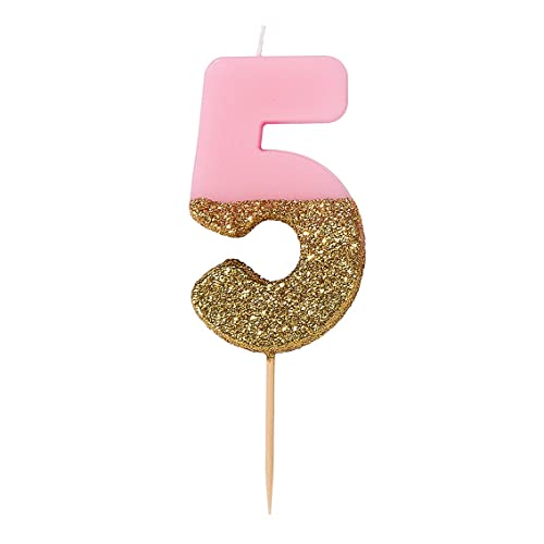 Talking Tables Pink Number 5 Candle With Gold Glitter Premium Quality Cake Topper Decoration For Kids, Adults, 50Th Birthday Party, Anniversary, Milestone Age, Height 8Cm, 3" #TOP3