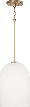 HomePlace Lighting 348811AD Lawson Transitional Mid-Century Soft White Glass Bell Pendant Light Fixture, 1-Light 100 Watt, 14" H x 9" W, Brass