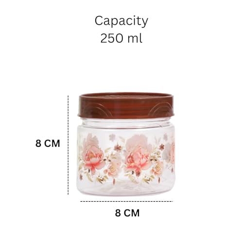 Image of Plastic Storage Box Jars and Container with Lids & Spoons Airtight Containers with Floral Design - BPA-Free, Multi-Purpose Canisters for Spices, Snacks, Dry Fruits (Brown, 250 ml)