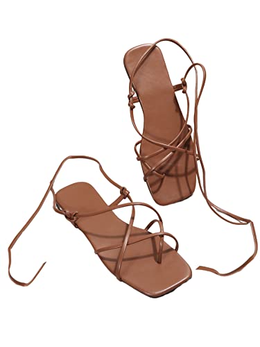 GORGLITTER Women's Lace Up Strappy Toe Ring Flat Sandals Tie Leg Leather Sandals Rust Brown CN41