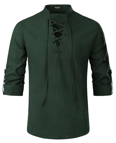 Enlision Chemise rétro médiévale Renaissance pour Homme Chemises décontractées en Lin à Manches Longues à Lacets Haut Pirate Viking Armée Verte M