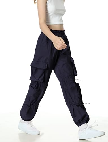 Image of EXARUS Girls Parachute Pants Cargo Hip Hop Wide Leg Baggy Y2K Teen | Tween Casual School Dance Streetwear with Pockets Elastic Waist Youth Junior Kids Bottoms Hiking 8-14Y