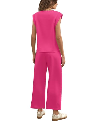 Image of SAMPEEL Two Piece Sets for Women Casual Travel Vacation Outfits Summer Wide Leg Crop Pants Lounge Sets