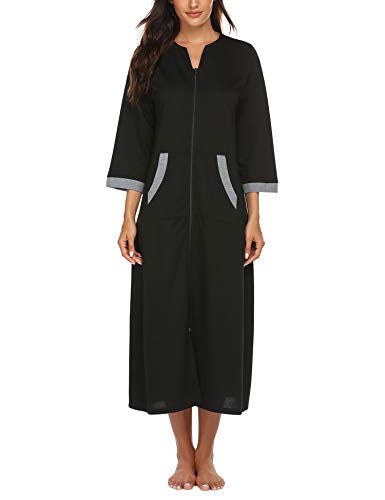 Ekouaer Women Zipper Robe 3/4 Sleeves Loungewear Dress Full Length Sleepwear Pockets Housecoat Nightgown Long Bathrobe4