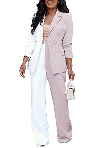 Women's Slim Fit Suiting Lightweight Contrast Color 2 Piece Set Business Blazer Pant Suit For Work #TOP25