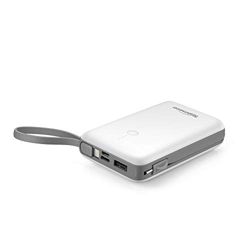TopMate Power Bank Caricatore Portatile da 10000 mAh con Cavo Micro e iOS di Tipo C Incorporato Come Cordino | Design Artificiale per Cellulare e Pad ECC. | Bianco