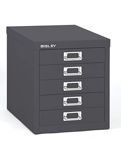Bisley 5-Drawer Steel MultiDrawer Cabinet - Anthracite Grey, Chrome Pull Handles with Label Holders, Powder-Coated Steel, Removable Drawers, Desktop Storage, Labels Included