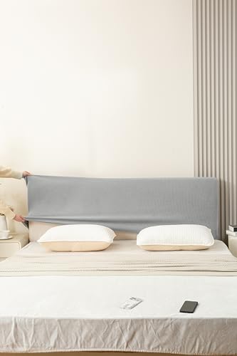 Image of HOMETHREADS Stretchable Lycra /Velvet Headboard Cover | Soft, Dust-Proof & Wrinkle-Resistant Bed Back Protector | Fits Leather, Wooden & Fabric Bedsides | for 5ft to 6.5ft Beds | (Light Grey, 150x65cm)