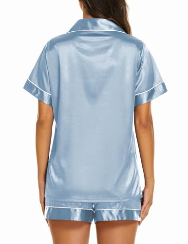 Image of Ekouaer Silk Pajamas for Women Short Sleeve Sleepwear Soft Button Down Loungewear 2 Piece Satin Pjs Shorts Set