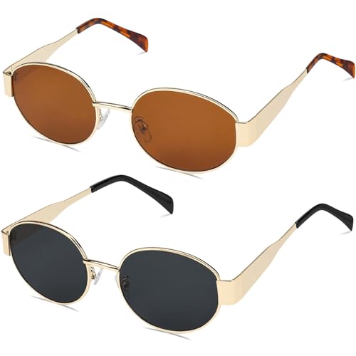 2Pcs Oval Sunglasses Retro 90s Sunglasses Trendy Classic Shades Metal Frame Gold Sunglasses