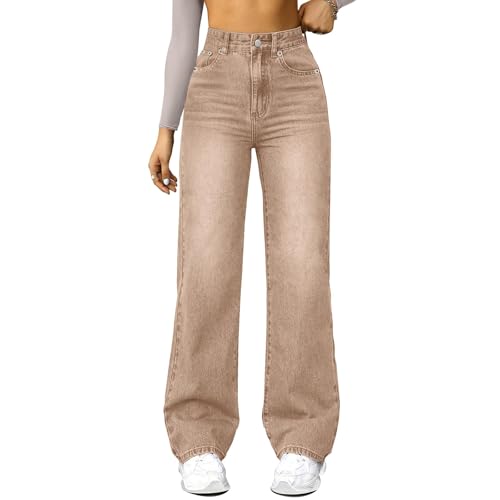 KIKX0DE Womens High Waisted Jeans Baggy Boyfriend Elastic Waist Stretchy Jeans Straight Leg Denim Pants