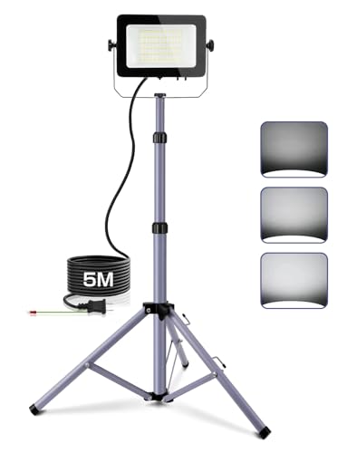 Akitoe LED投光器 「三階段調光 20W 30W 50W」 作業灯 ledワークライト 6500k 高輝度 三脚付きスタンドライト 5Mコード アース付きプラグ 広角180度 昼光色 長寿命 防水IP65 集魚灯 防犯灯 駐車場灯