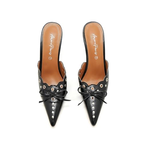 Image of Kitten Heel Mules for Women Bow Tie Suede Stiletto Heels Mule Pointed Toe Studs Slide Heeled Sandal Pumps for Wedding Dress Party