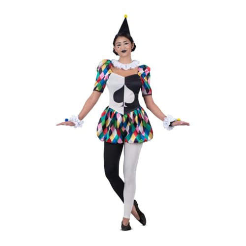 My Other Me - Disfarce arlequina para mulher, tamanho L. Inclui gorro preto com pompom, gola plissada branca, macacão com mangas e calções volumosos, punhos, luvas e leggings contrastantes.