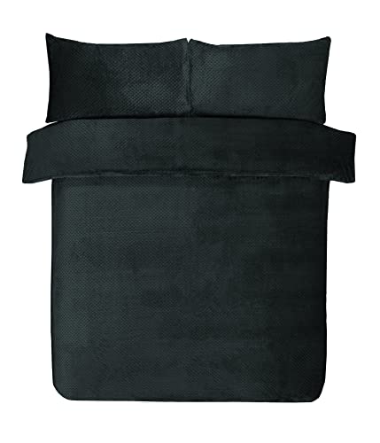 Sleepdown Parure de lit en Polaire gaufrée Thermique Chaude et Confortable Super Douce avec Housse de Couette et taies d'oreiller - Lit Simple (135 x 200 cm) - Noir