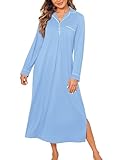 Ekouaer Nightgowns for Women Long Sleeves Nightgown Soft Sleepwear Button V Neck Sleepshirt Long Nightgown, Light Blue, XX-Large