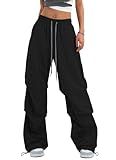 Bakyarder Women’s Y2K Baggy Parachute Pants High Waist Wide Leg Casual Track Pants with Adjustable Drawstring Waist Black Large