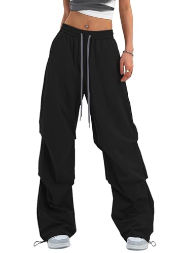 Bakyarder Women’s Y2K Baggy Parachute Pants High Waist Wide Leg Casual Track Pants with Adjustable Drawstring Waist Black Large