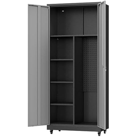 Metal Garage Storage Cabinet with Locking Doors and Adjustable Shelves, Rolling Tool Storage Cabinet with Lock,Steel Locking Cabinet,Tall Storage Cabinet on Wheels for Garage,Warehouse-Black Gray Cover