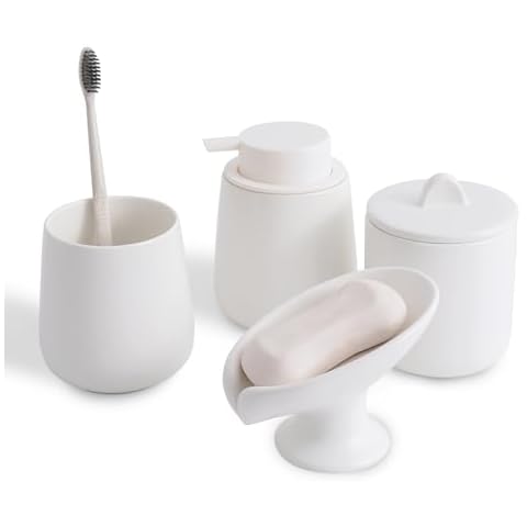 Agyiuns Ceramic Bathroom Accessories Set,Includes Foaming Soap Dispenser, Toothbrush Holder, Soap Dish, Cotton Swab Jar,Bathroom soap and Toothbrush Holder Set,Classic Design(White Set - Foam) Cover