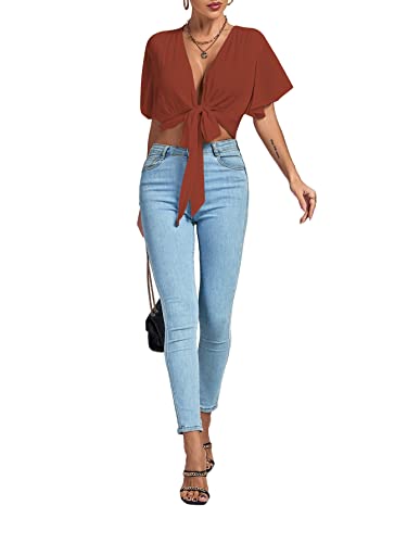 Image of LYANER Women's Sexy Deep V Neck Tie Front Wrap Cropped Blouse Bell Short Sleeve Ruffle Crop Tops
