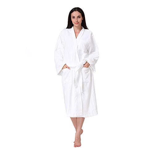 Acanva Women's & Men's Terry Robe Plush Cotton Spa Kimono Bathrobe, Large, White