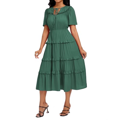 Image of Women's Short Sleeve Summer Boho Pleated Rayon Mid Dresses with Pockets for Wedding Guest