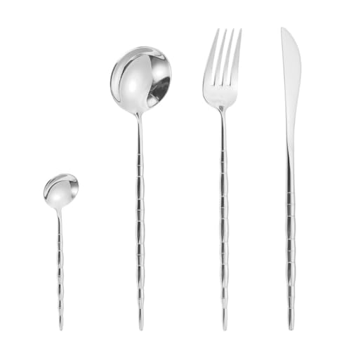 Knuckle Handle Kitchen Stainless Steel Silverware Tableware Flatware Cutlery Set Steak Knife Fork Spoon Teaspoon (Silver,4 pieces)