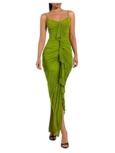 Floerns Women's Ruffle Ruched Cami Dress Draped Split Elegant Bodycon Maxi Dresses