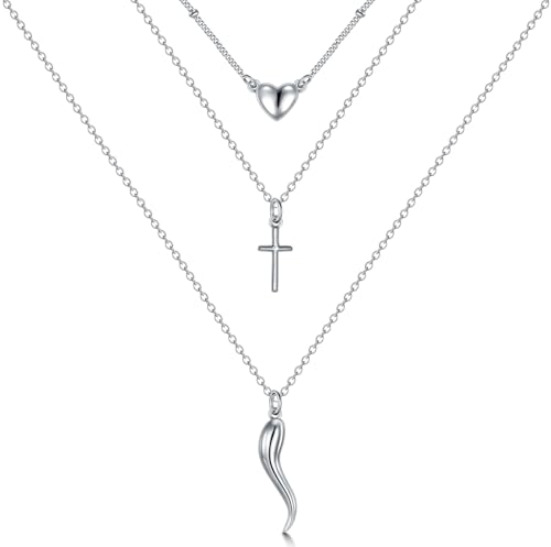 Italian Horn Layered Necklace Sterling Silver Cornicello Necklace Good Luck Italian Protection Amulet Pendant Jewellery for Women