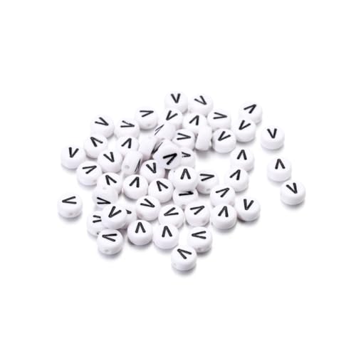 Wisafory Pack of 200 Letter Beads Round Letter Beads for Threading White A-Z Spacer Beads with Hole for Threading DIY Craft Bracelets Necklaces Jewellery Making, Individual Letter V