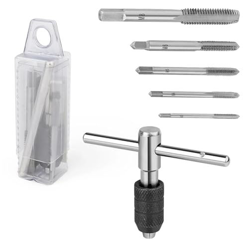 SHENGYIG 5 Pièces Kit de Taraudage (M3 à M8), Filetage Taraud, avec Clé à Taraud pour Bois, Plastique, Kit de Taraudage pour Métal, Artisanat, Bricolage...