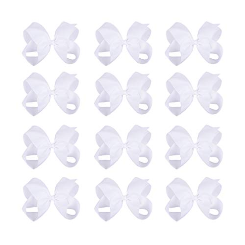 Deeka 12 Pcs 6" Big Hand-Made Grosgrain Ribbon Hair Bow Alligator Clips Hair Accessories For Little Teen Toddler Girls - White #TOP12