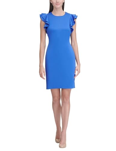Image of Tommy Hilfiger Women's Sleeveless Ruffle Hem Jewel Neck Crepe Sheath Mini Dress