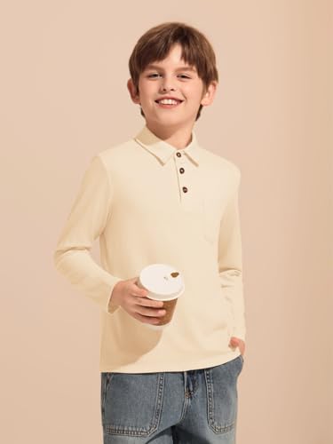 Image of Haloumoning Boys Long Sleeve Polo Shirts Kids Casual Button School Uniform Shirts with Chest Pocket 5-14 Years