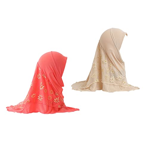 Kids Muslim Hijab Head Wrap for Little Girls Lace Flowers Headscarf Islamic Arab Shawls Turban Cap for 2-7 Years Old