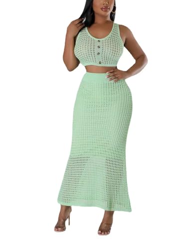 Image of Women Plus Two-Piece Skirt Set Tassel Fishing Net Knittin Hollow Out Off Shoulder Beach Dresses Swimsuit Cover Ups