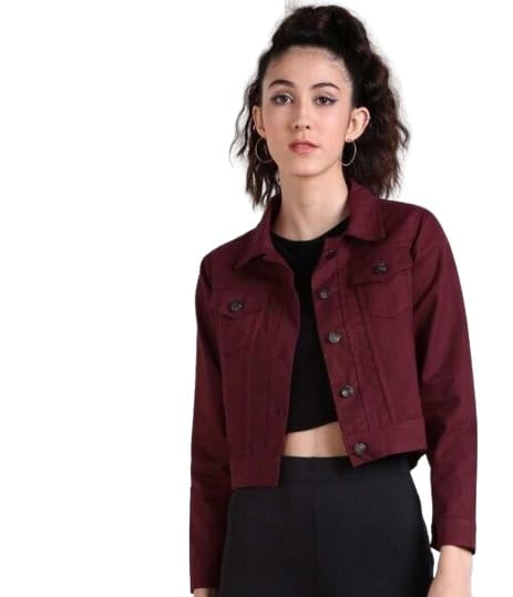 Women's Cropped Jacket, Burgundy, Button Front Closure, Casual Style, Long Sleeve-picture-55